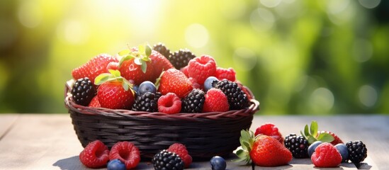 Poster - Wicker basket with different fresh ripe berries outdoors closeup. Creative Banner. Copyspace image
