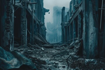 Poster - A picture of a dark alley with a building in the background. This image can be used to depict mystery or urban settings