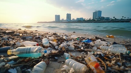 Poster - A beach scene with a large amount of plastic bottles and trash scattered across the sand. This image can be used to highlight the issue of pollution and the need for environmental conservation
