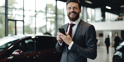 Aufkleber - A professional man in a suit holding a cell phone. Suitable for business and technology-related projects