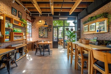 Poster - A picture of a restaurant with tables and chairs set against a brick wall. Suitable for various uses