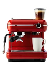 Poster - A red coffee machine with a freshly brewed cup of coffee. Ideal for illustrating morning routines and coffee culture