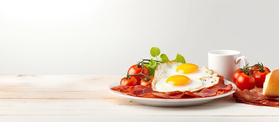 Aufkleber - scrambled eggs with bacon and tomato breakfast on a white plate food on a sunny morning fried eggs close up. Creative Banner. Copyspace image