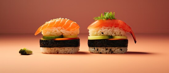 Poster - Unique and delicious sushi burger with seafood and rice on strone plate Japanese dessert made of seafood and rice. Creative Banner. Copyspace image