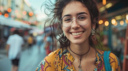 Poster - A woman with glasses and a yellow shirt smiling. This image can be used to depict happiness, positivity, and confidence
