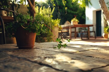Poster - A potted plant sitting on top of a stone floor. Can be used to add a touch of nature to interior designs or as a decorative element in outdoor spaces