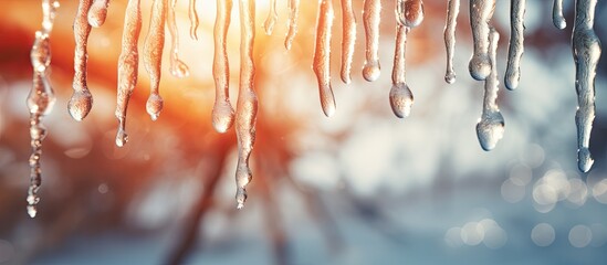Fototapete - Recall childhood memories of icicles hanging from the roof Experience nostalgia for winter and play in the snow Ease a sore throat caused by cold icicles warm tea or honey. Creative Banner