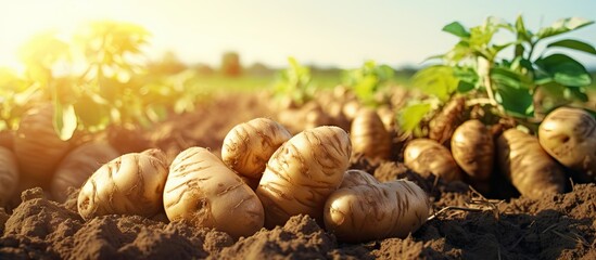 Poster - The concept of growing food Fresh organic new potatoes in a farmer s field A rich harvest of tubers on the ground. Creative Banner. Copyspace image