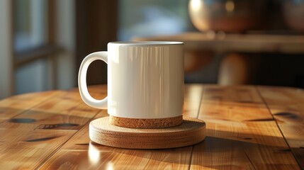 Poster - A white coffee cup placed on a wooden table. Perfect for showcasing a cozy coffee break or adding a touch of warmth to any design