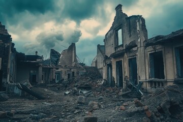 Poster - A picture of a destroyed building against a sky background. Suitable for illustrating destruction, urban decay, or post-apocalyptic themes.