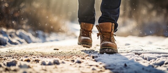 Sticker - young hipster man hiking in wild nature winter vacation traveling warm shoes boots close up details feet legs. Creative Banner. Copyspace image