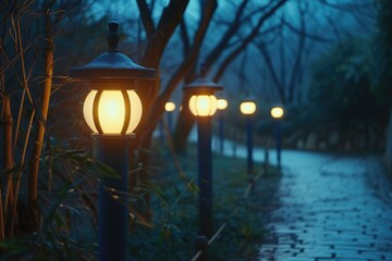 Poster - A row of street lights sitting next to a sidewalk. Suitable for urban scenes and nighttime cityscapes