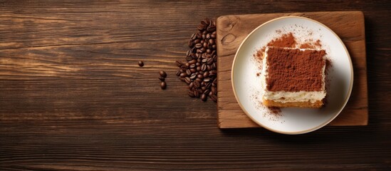 Poster - Tiramisu dessert and coffee on wooden table Top view with copy space. Creative Banner. Copyspace image