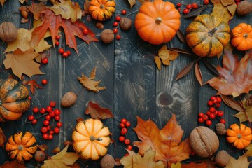 Poster - A collection of various types of pumpkins displayed on a rustic wooden table. Perfect for autumn-themed decorations or harvest festival promotions