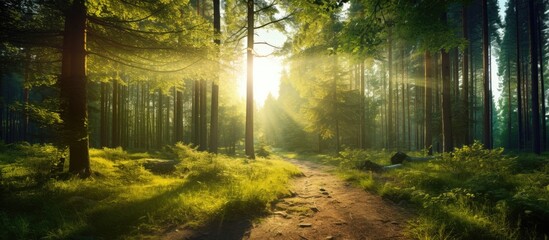 Poster - Morning light of the sun makes its way through the forest. Creative Banner. Copyspace image