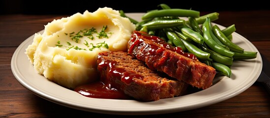 Aufkleber - Meatloaf with mashed potatoes and green beans traditional dinner meal. Creative Banner. Copyspace image