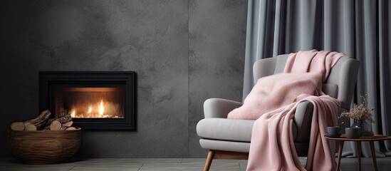 Sticker - Pink blanket on grey armchair next to a fireplace in cozy living room interior with beige drapes and window. Creative Banner. Copyspace image