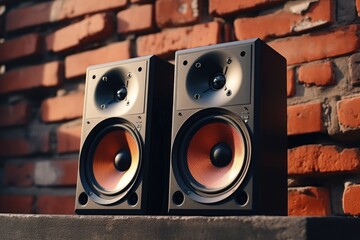 Aufkleber - A pair of speakers sitting on top of a table. Suitable for music and audio-related projects