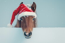 A Horse Wearing A Santa Hat Playfully Peeks Over A Fence. This Festive Image Can Be Used To Add A Touch Of Holiday Cheer To Your Designs