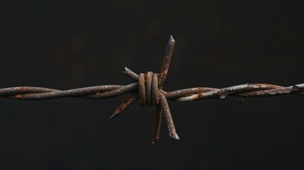 Poster - A detailed view of a barbed wire fence, commonly used for security purposes. Suitable for illustrating concepts related to boundaries, restrictions, security, and confinement
