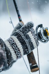 Poster - A person holding a fishing rod in the snow. Suitable for outdoor activities and winter sports