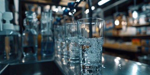 Poster - A close-up view of a glass of water sitting on a bar. This image can be used to depict refreshment, hydration, or a relaxing atmosphere in a bar or restaurant setting