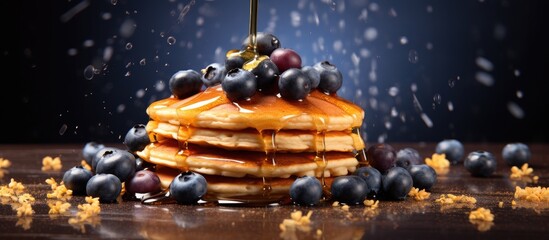 Poster - Pouring honey on stack of pancakes Homemade oat pancakes with blueberries. Creative Banner. Copyspace image