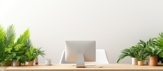 Aufkleber - Office interior Stylish workplace with table leather chair plants Copy space Home office. Creative Banner. Copyspace image