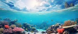 Fototapeta Do akwarium - Marine pollution on corals underwater in the tropical coral reef of the Red Sea. Creative Banner. Copyspace image