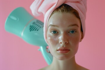 Poster - Woman with a towel on her head holding a hair dryer. Ideal for beauty and personal care concepts