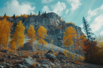 Wall Mural - A picture of a mountain with a cluster of trees on its summit. Suitable for nature and landscape themes