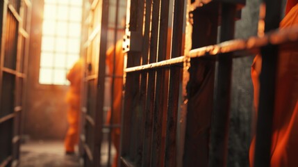 Poster - A prison cell with a person in the background. Suitable for crime or justice related themes