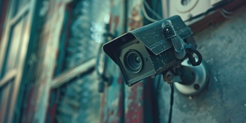 Poster - A camera is mounted to the side of a building, providing surveillance and monitoring capabilities. This image can be used to illustrate concepts such as security, technology,
