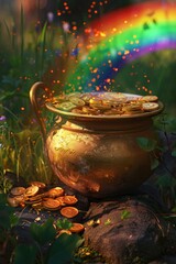 Poster - A pot of gold sitting on top of a pile of coins. Suitable for financial concepts and wealth-related themes