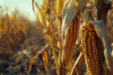 Poster - Two ears of corn hanging from a stalk in a field. Suitable for agricultural and farming concepts