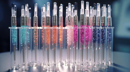 Poster - A detailed view of a collection of bottles filled with various liquids. This image can be used to showcase a range of products or for illustrating laboratory experiments