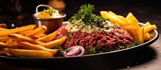 Aufkleber - Steak Tartare with vegetables salad and french fries on dish. Creative Banner. Copyspace image