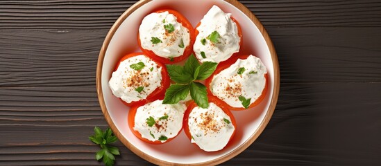 Poster - Peppers stuffed with cream cheese in the bowl Top view. Creative Banner. Copyspace image