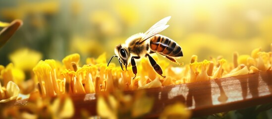 Poster - Winged bee slowly flies to honeycomb collect nectar for honey on private apiary from flowers Honey photo consisting for honeycomb pollen on bees legs Nutrition from honeycomb is honeyed bee hon