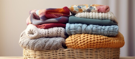 Poster - Stack of cozy knitted sweaters in wicker basket. Creative Banner. Copyspace image