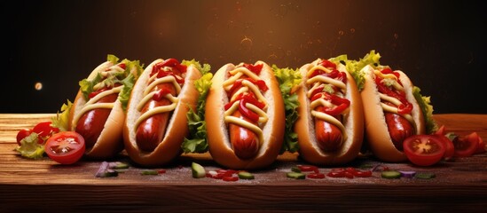 Sticker - Three delicious and tasty hot dogs Hot dog with fries tomato salat in kitchen Wallpaper for ads. Creative Banner. Copyspace image