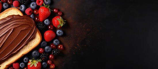 Poster - Wheat bread with some chocolate spread garnished with various fresh berries overhead shot. Creative Banner. Copyspace image