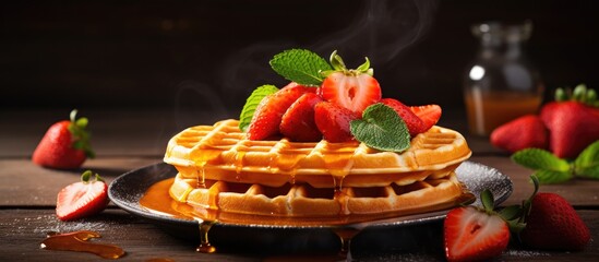 Poster - Preparation of delicious and nutritious waffles with honey strawberries and orange juice. Creative Banner. Copyspace image