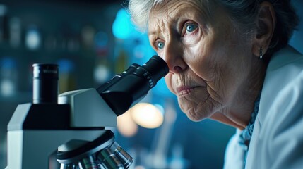 Aufkleber - A woman looking through a microscope, examining something closely. This image can be used in scientific research, laboratory settings, or educational materials