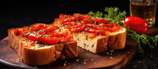 Poster - Roasted red peppers on a toasted bread with parsley and olive oil. Creative Banner. Copyspace image