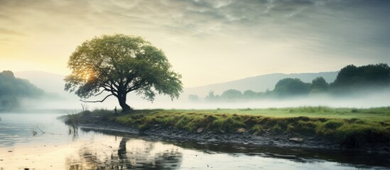 Poster - Misty morning Rural landscape Tree on the river bank. Creative Banner. Copyspace image