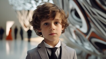 Poster - A young boy dressed in a formal suit and tie. Suitable for business, formal events, or educational concepts