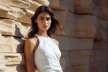 Poster - A woman in a white dress leaning against a stone wall. Perfect for adding a touch of elegance to any project or design