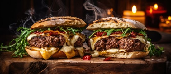 Poster - Street food Grilled beef burgers with melted cheese Burger in hand cheeseburger artisan bread street burger. Creative Banner. Copyspace image