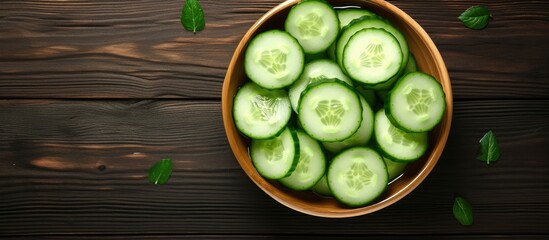 Aufkleber - Sliced fresh green cucumber in the bowl Top view. Creative Banner. Copyspace image